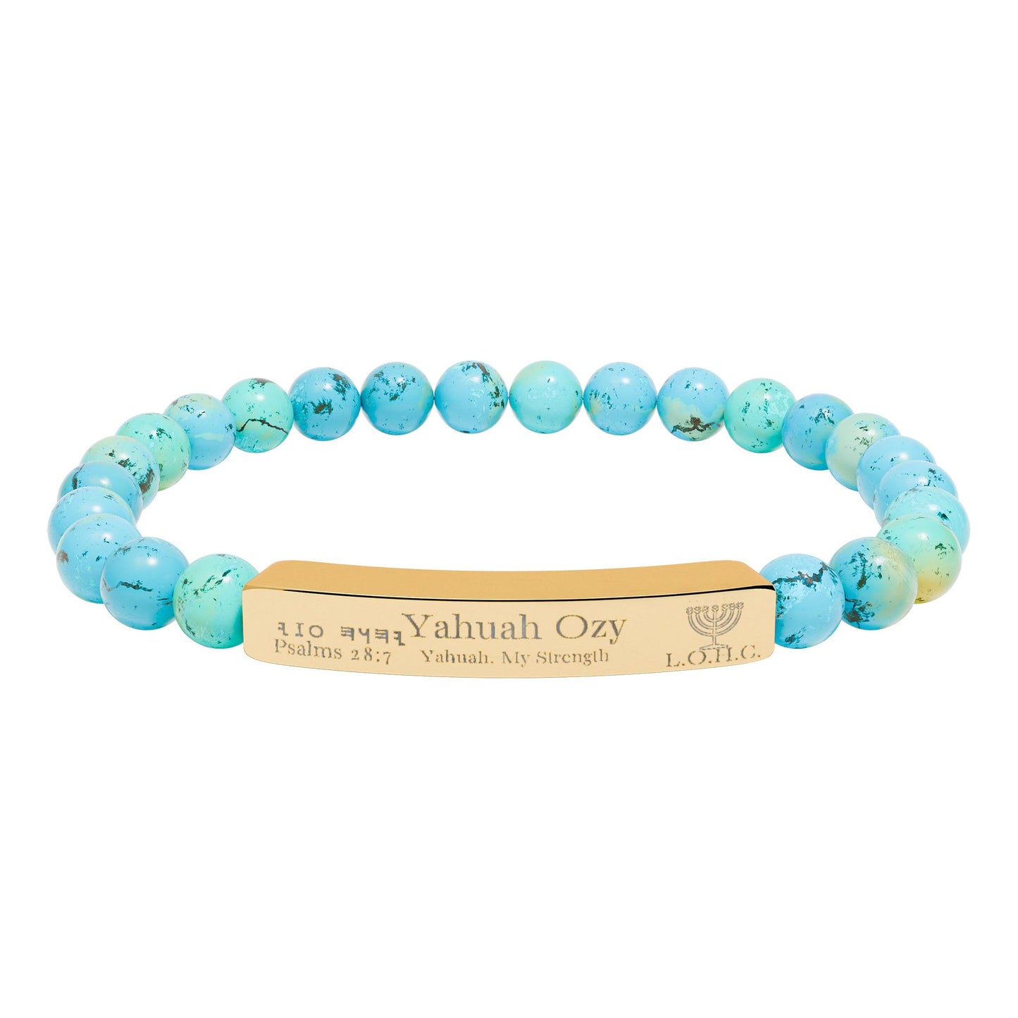 “Yahuah Ozy” (יָהוּה עֺזִּי) – “Yahuah, My Strength” — Natural Beaded Stone Stretch Bar Bracelet (Engraving)